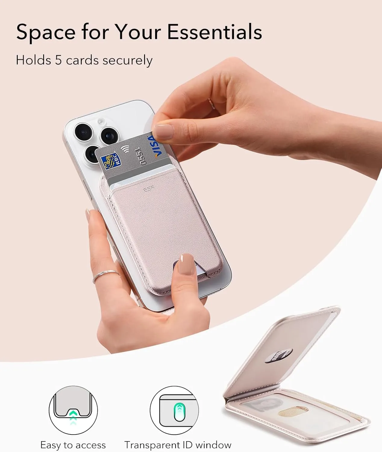 ESR Upgraded for Aura MagSafe Wallet, 5 Card-Holder with Adjustable Stand, Magnetic Wallet for iPhone 16/15/14/13/12 Series, Not for iPhone Mini, Vegan Leather, Cream Beige