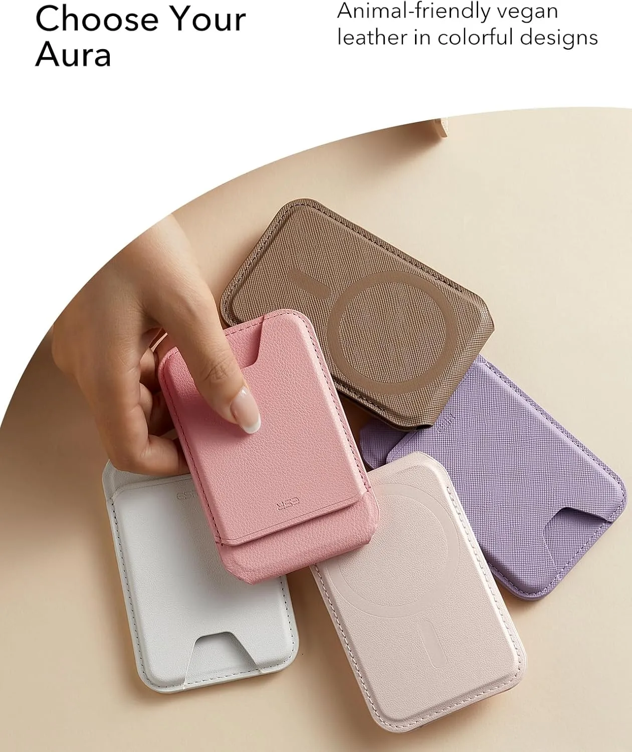 ESR Upgraded for Aura MagSafe Wallet, 5 Card-Holder with Adjustable Stand, Magnetic Wallet for iPhone 16/15/14/13/12 Series, Not for iPhone Mini, Vegan Leather, Cream Beige