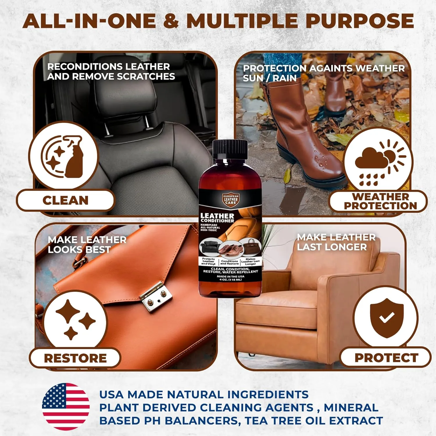 European Leather Care Leather 8 oz Conditioner for Leather Couch, Furniture, Shoe, Leather Jacket, Purse, Boot Cleaner, Leather Conditioner Car Leather Cleaner Leather Repair Restorer All Natural USA
