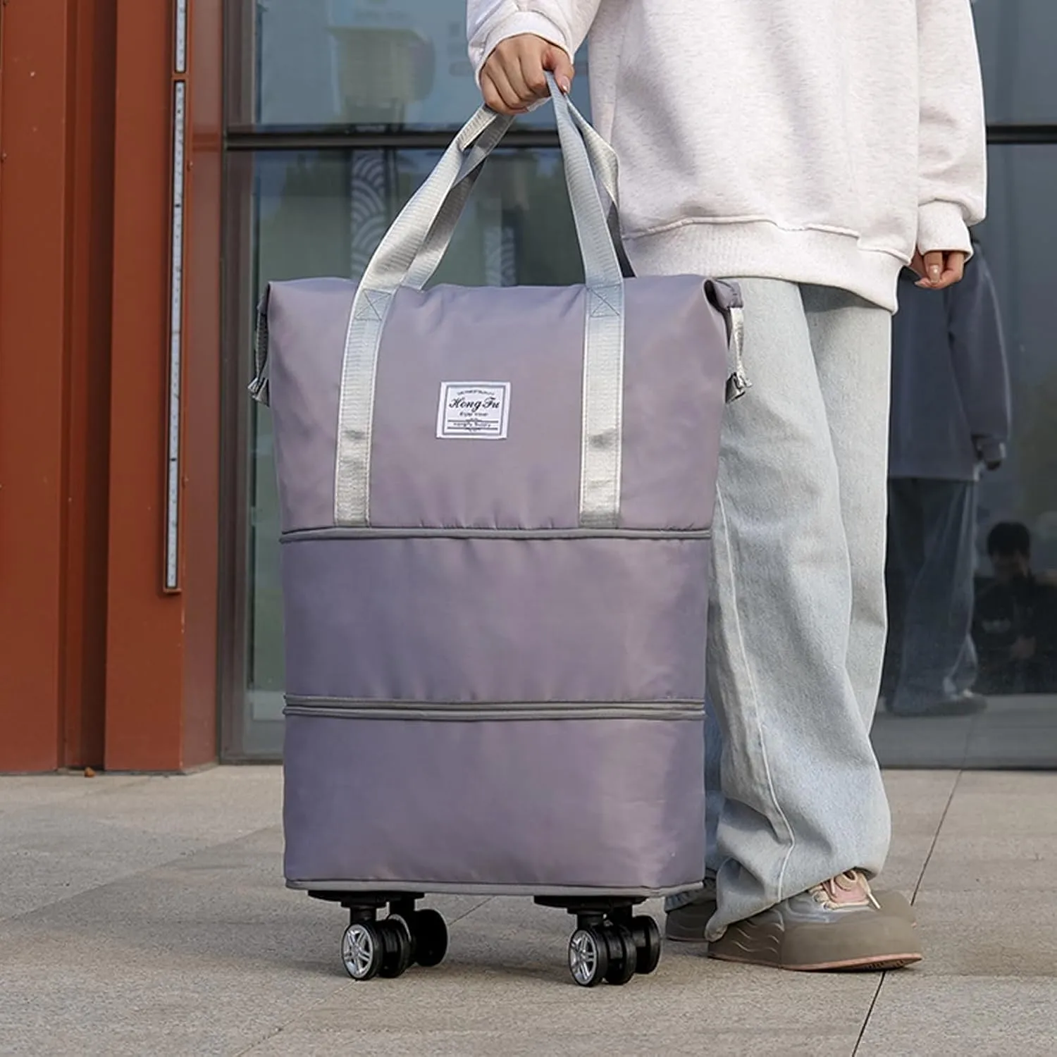 Expandable & Foldable Rolling Duffle Bag with Wheels, Large Capacity Carry-On Luggage with Dry Wet Separation, Waterproof Lightweight Travel Weekend Bag for Women Men (Grey)