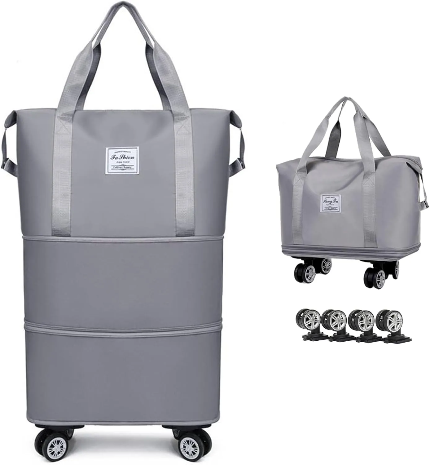 Expandable & Foldable Rolling Duffle Bag with Wheels, Large Capacity Carry-On Luggage with Dry Wet Separation, Waterproof Lightweight Travel Weekend Bag for Women Men (Grey)