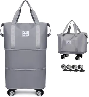 Expandable & Foldable Rolling Duffle Bag with Wheels, Large Capacity Carry-On Luggage with Dry Wet Separation, Waterproof Lightweight Travel Weekend Bag for Women Men (Grey)