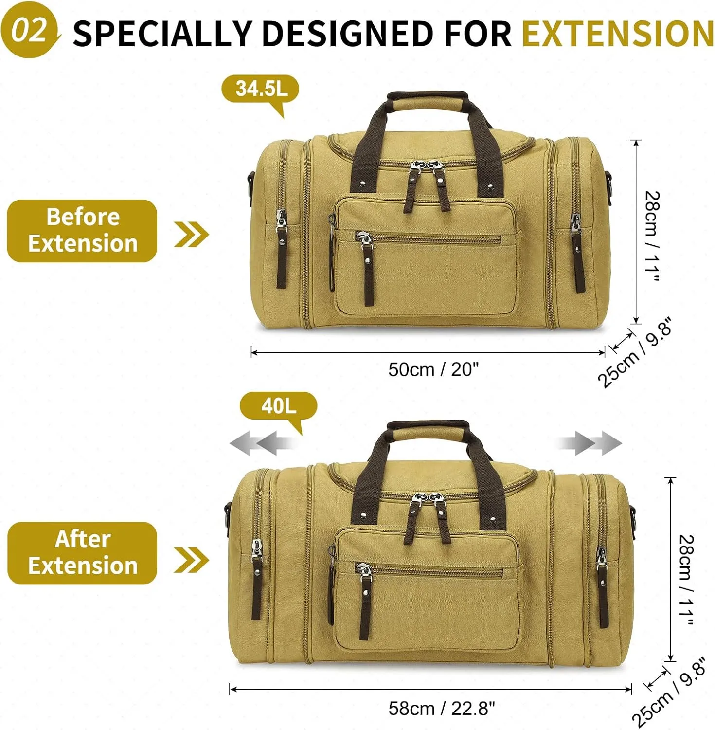 Expandable Canvas Duffel 50cm-58cm, Sturdy Zipper and Reinforced Handles, Lightweight Carry-On Weekender Bag for 3-5 Day Trips, Green