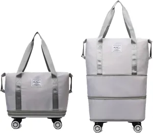 Expandable Rolling Wheeled Duffle Bag Spinner Suitcase Foldable Luggage, 26" Duffel Travel Bags Large Capacity, Waterproof Lightweight Traveling Oxford Suitcase for Men Women, Grey