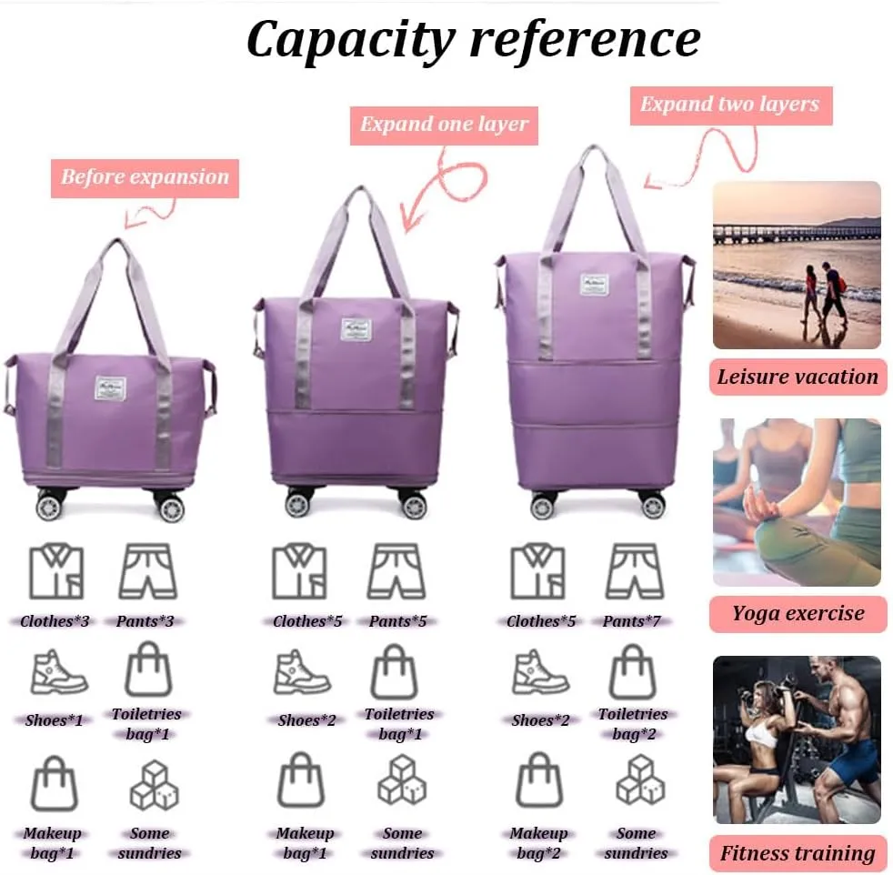 Expandable Rolling Wheeled Duffle Bag Spinner Suitcase Foldable Luggage, 26" Duffel Travel Bags Large Capacity, Waterproof Lightweight Traveling Oxford Suitcase for Men Women, Grey