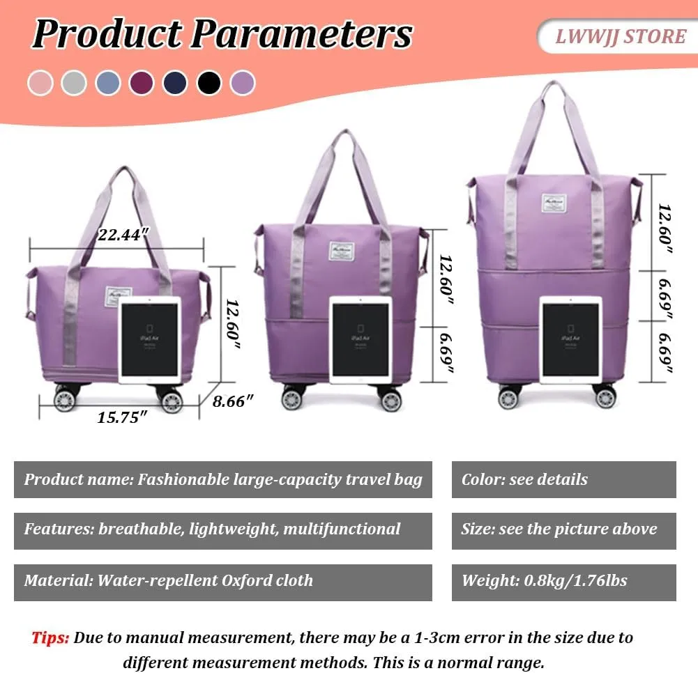 Expandable Rolling Wheeled Duffle Bag Spinner Suitcase Foldable Luggage, 26" Duffel Travel Bags Large Capacity, Waterproof Lightweight Traveling Oxford Suitcase for Men Women, Grey