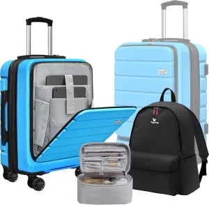 Explorer 20 inch Carry-On Luggage Set with TSA Lock, Lightweight Hardside Suitcase with Spinner Wheels, Expandable Checked Luggage with Front Pocket, Bonus Travel Backpack & Cosmetic Makeup Bag, Blue