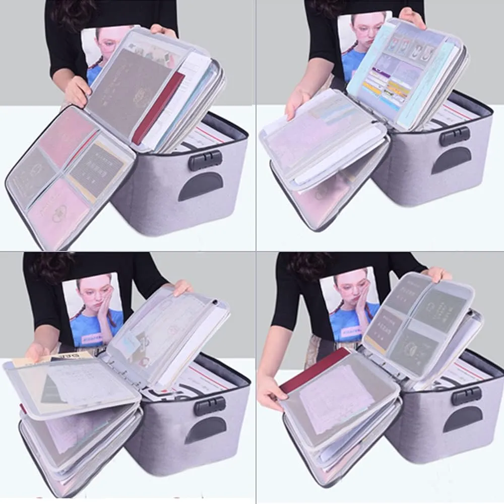 Extra Large Document Organizer,Safe File Storage Box with Lock, Portable paper organizer with Detachable separators,Home Office Travel Bag for A4 Folder Certificate Card Passport File Bill(Gray)
