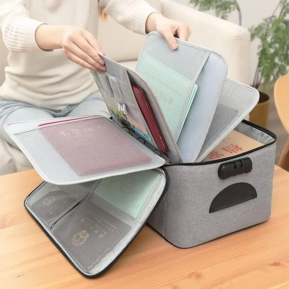 Extra Large Document Organizer,Safe File Storage Box with Lock, Portable paper organizer with Detachable separators,Home Office Travel Bag for A4 Folder Certificate Card Passport File Bill(Gray)