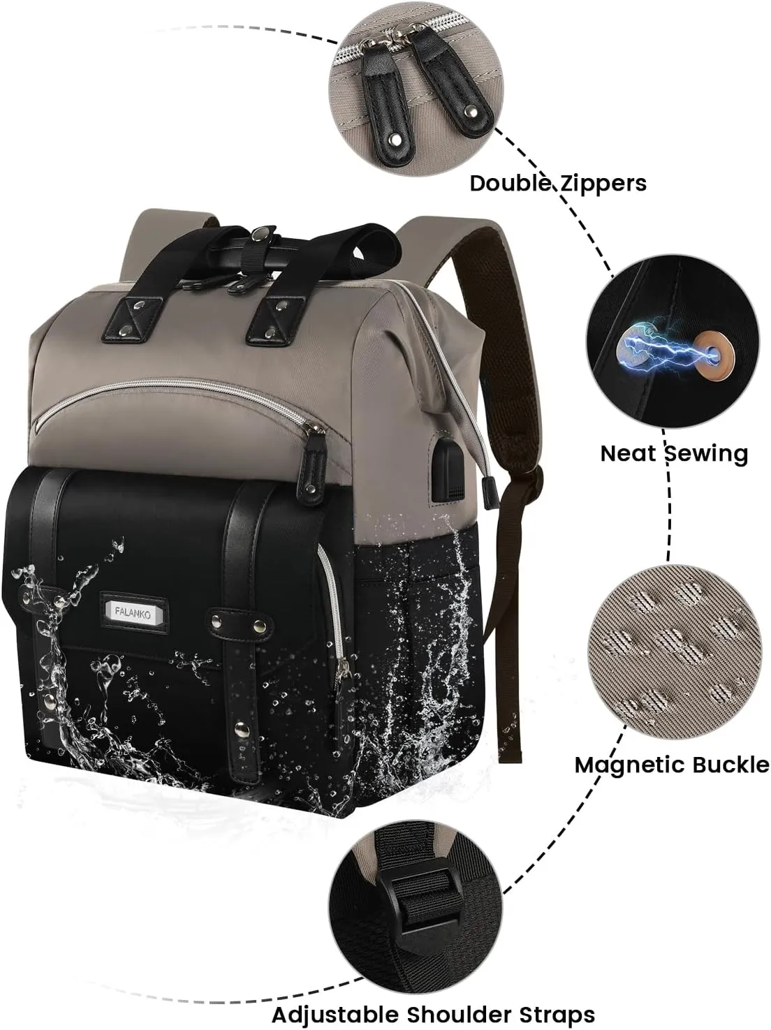 FALANKO Women Laptop Backpack, Doctor Nurse Teacher Work Adult Backpack for 15.6 Inch Laptop with RFID Anti-theft USB Charging Port College Business Computer Bookbag Grey Black