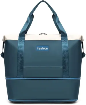Fashion Travel Duffel Bag Expandable Waterproof Gym Bag Large Capacity Weekender Tote (Lake Blue)