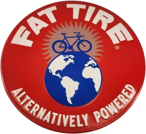 Fat Tire Alternatively Powered Round Metal Sign, Red and Blue Globe Design, Bicycle Theme