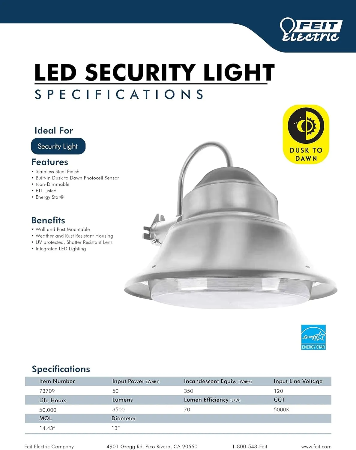 Feit Electric - 3500 Lumens, Dusk to Dawn LED Stainless Security Outdoor Light, 5000K CCT Daylight, Wall/Post Stainless, 73709