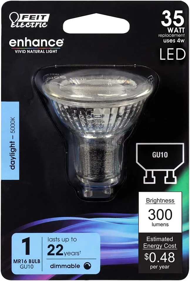 Feit Electric 4W LED MR16 GU10 Bulbs with 35W Equivalent, Dimmable, MR16 Bulbs, 22 Yrs. Lifetime, 300 Lumens, 5000K Daylight, 6 Packs - BPMR16/GU10/950CA/6