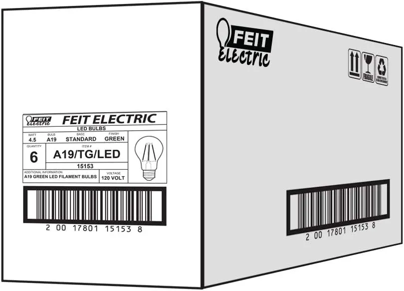 Feit Electric A19/TG/LED/6 25W Equivalent Dimmable Clear Glass Filament Colored LED Light Bulbs, Green, 6-Pack, 2.4" D x 4" H