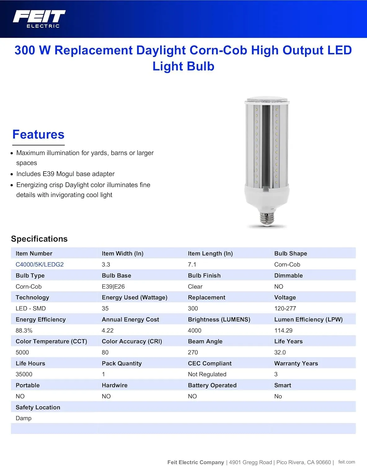 Feit Electric C4000/5K/LEDG2 300W Equivalent Mini Corn Bulb, Corn Cob High Output LED Light Bulb, E26 Base, 5000K Daylight, 3” x 3” x 7”
