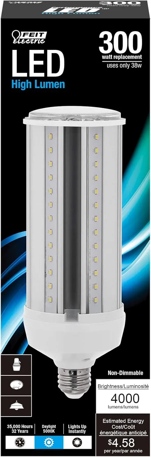 Feit Electric C4000/5K/LEDG2 300W Equivalent Mini Corn Bulb, Corn Cob High Output LED Light Bulb, E26 Base, 5000K Daylight, 3” x 3” x 7”
