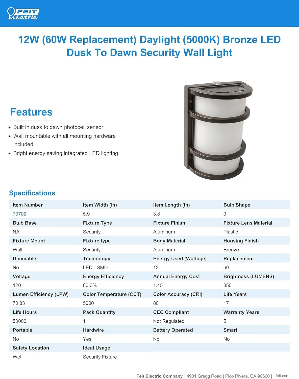 Feit Electric - Dusk to Dawn LED Bronze Half Moon Security Outdoor Wall Light, 5000K (73702)