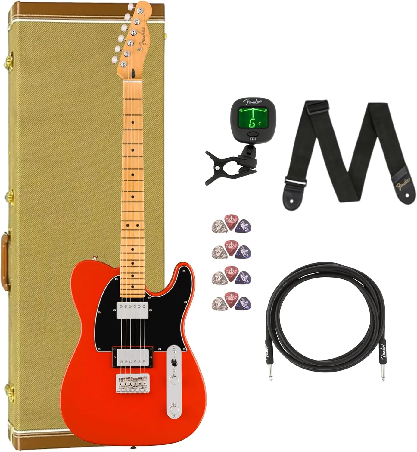 Fender Player II Telecaster HH Maple Fingerboard Coral Red Bundle with Hardcase, Cable, Tuner, Strap and Liberty Music Pick Pack(12)