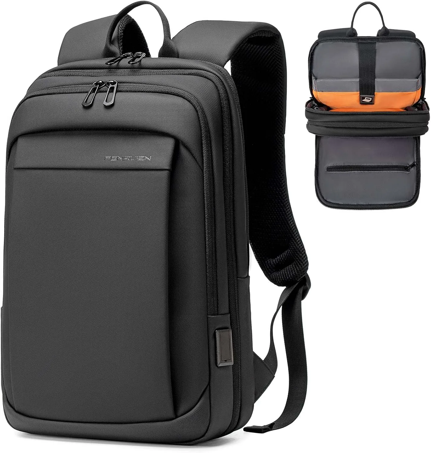 FENRUIEN Work Backpack for Men, Water Resistant Expandable Backpack with USB C Charging Port, Black 15.6 Laptop Backpack