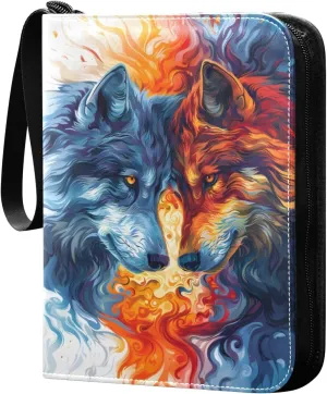 Fire Wolves Confrontation Painting Card Binder 4 Pocket Trading Card Binder Portable Cards Collection Book with Zipper