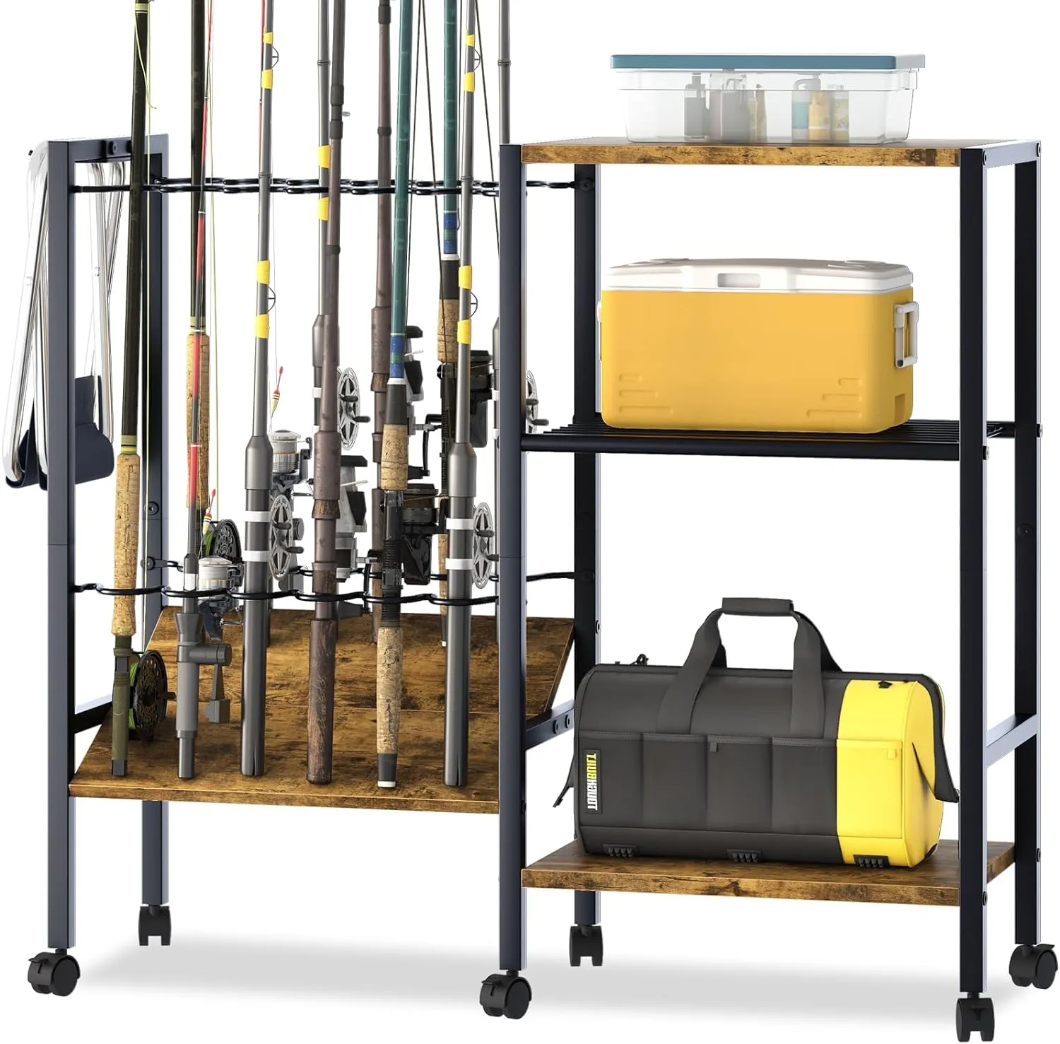 Fishing Rod Rack Fishing Equipment Organizers With Wheels, Metal Fishing Gear Shelf Up To 12 Rods, Fishing Rod Holders Fishing Pole Storage Cart For Garage Home Entryway Corner