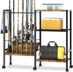 Fishing Rod Rack Fishing Equipment Organizers With Wheels, Metal Fishing Gear Shelf Up To 12 Rods, Fishing Rod Holders Fishing Pole Storage Cart For Garage Home Entryway Corner
