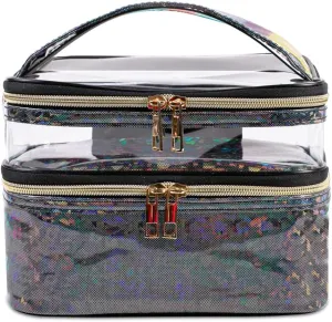 FITINI Makeup Bags Double Layer Travel Storage Cosmetic Cases Make-up Organizer Toiletry Bags Water-resistant for Women Makeup Brush Bag,Black