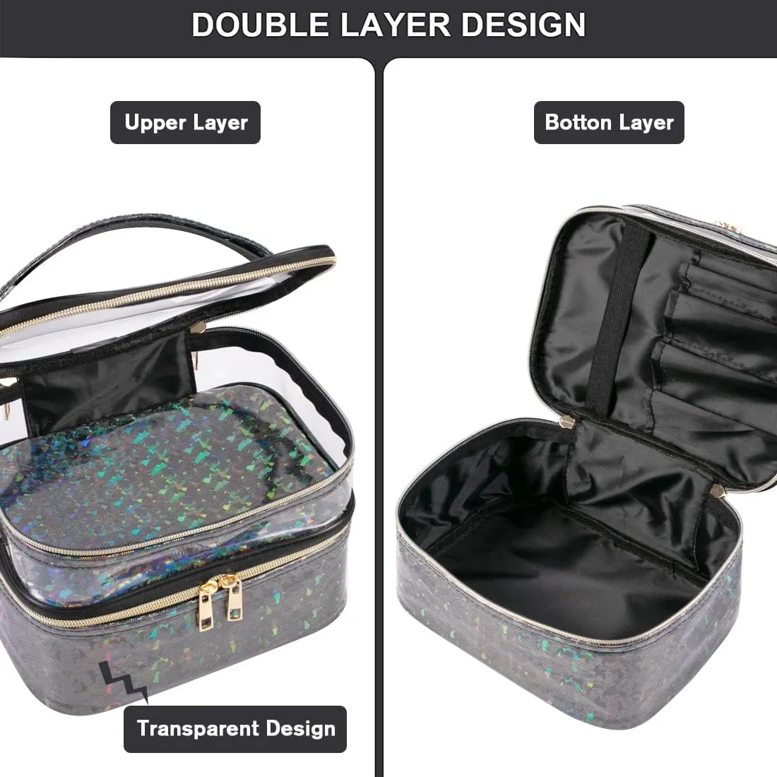 FITINI Makeup Bags Double Layer Travel Storage Cosmetic Cases Make-up Organizer Toiletry Bags Water-resistant for Women Makeup Brush Bag,Black