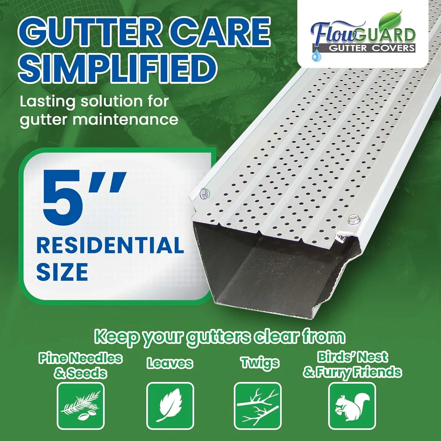 FlowGuard USA Made Professional DIY 5 Inch 50-Year Gutter Cover System - White - Aluminum Gutter Guards - 102 Feet - by FlexxPoint