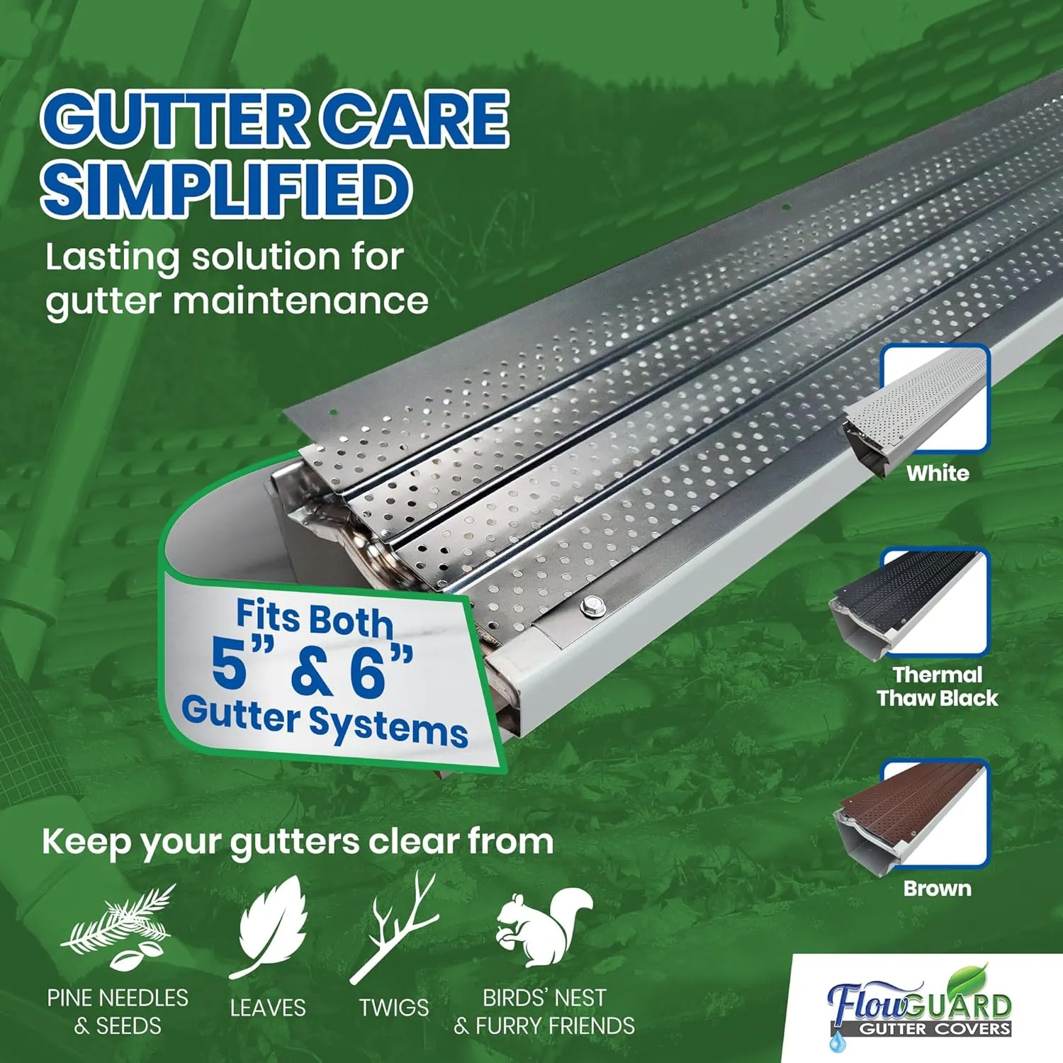 FlowGuard USA Made Slip Under Shingle Professional DIY Universal 5 Inch & 6 Inch 50-Year Gutter Cover System - Matte - Aluminum Gutter Guards - 102 Feet - by FlexxPoint