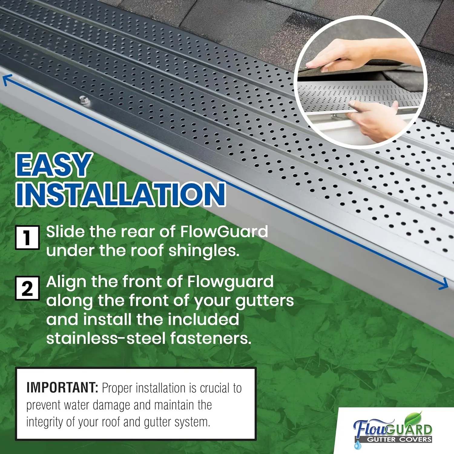 FlowGuard USA Made Slip Under Shingle Professional DIY Universal 5 Inch & 6 Inch 50-Year Gutter Cover System - Matte - Aluminum Gutter Guards - 102 Feet - by FlexxPoint