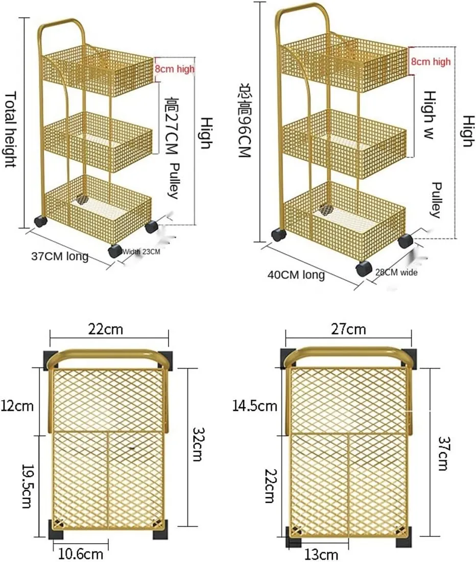 FLYIFE Iron Rack Bedroom Kitchen Metal Mobile Bathroom Storage Rack Wheeled Trolley Gold Kitchen Cart Kitchen Island/Gold/37X24X78