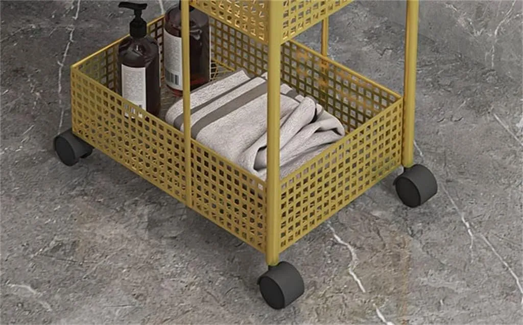 FLYIFE Iron Rack Bedroom Kitchen Metal Mobile Bathroom Storage Rack Wheeled Trolley Gold Kitchen Cart Kitchen Island/Gold/37X24X78