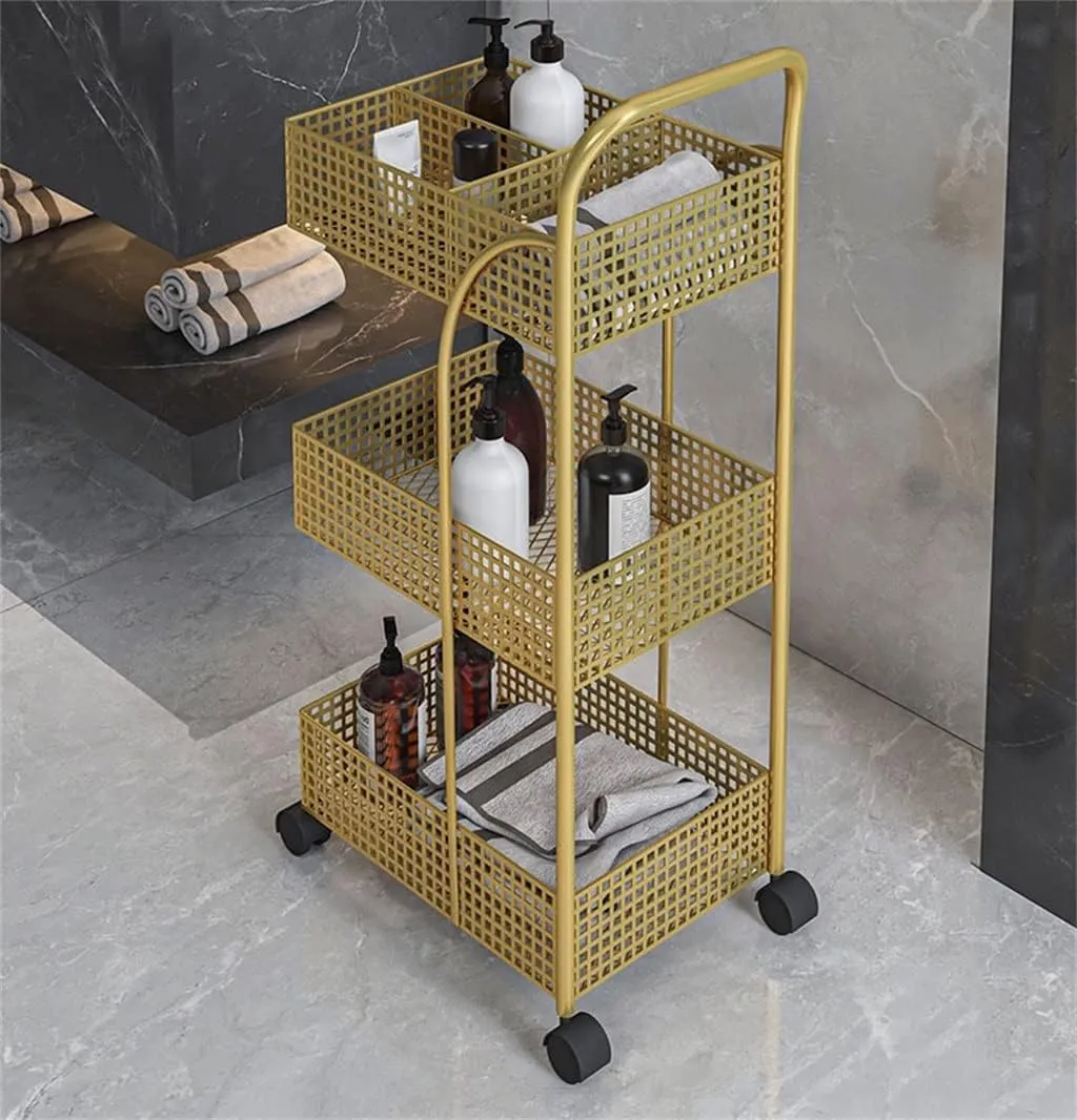 FLYIFE Iron Rack Bedroom Kitchen Metal Mobile Bathroom Storage Rack Wheeled Trolley Gold Kitchen Cart Kitchen Island/Gold/37X24X78