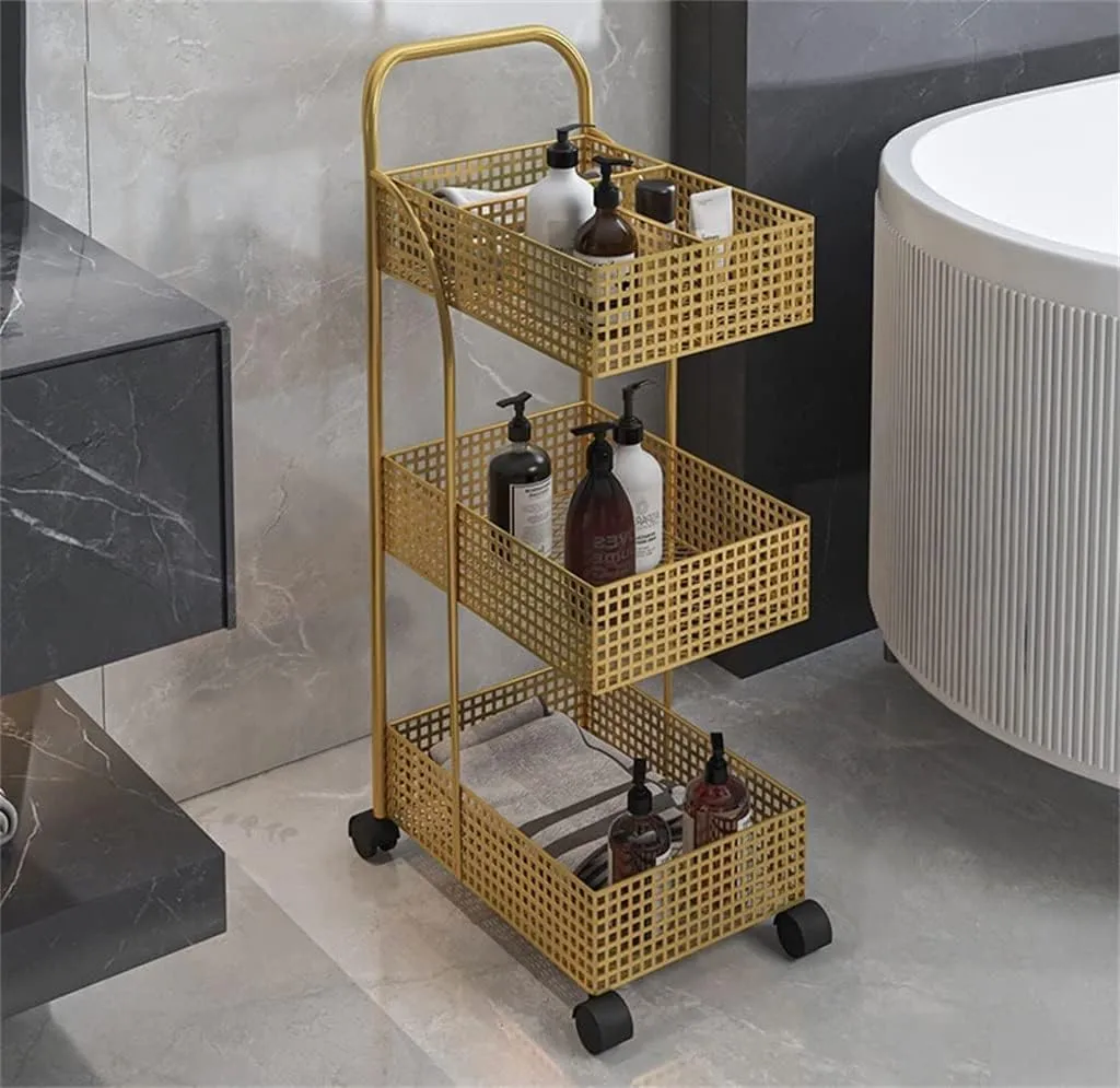 FLYIFE Iron Rack Bedroom Kitchen Metal Mobile Bathroom Storage Rack Wheeled Trolley Gold Kitchen Cart Kitchen Island/Gold/37X24X78