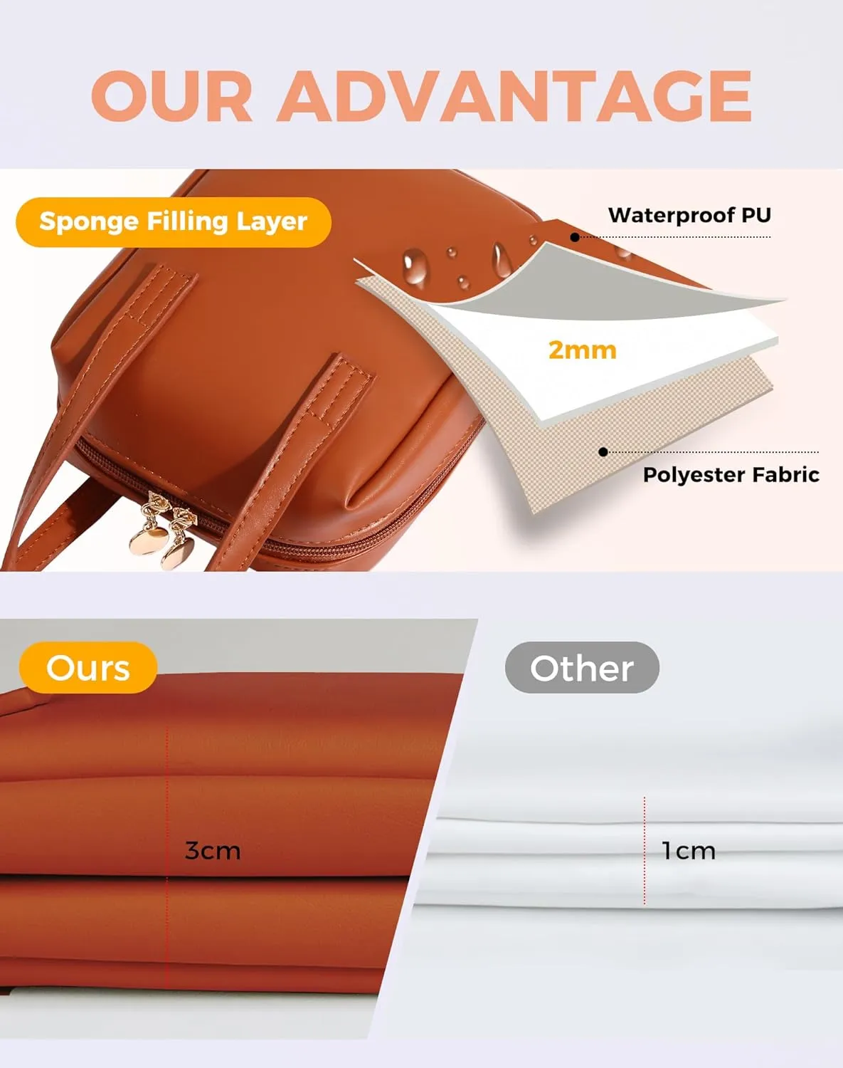 Fmeida Smll Makeup Bag Organizer Leather Cosmetic Bags for Women Travel Cosmetic Pouch Waterproof Aesthetic Makeup Bag with Compartments Portable Handle Brown