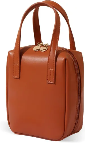 Fmeida Smll Makeup Bag Organizer Leather Cosmetic Bags for Women Travel Cosmetic Pouch Waterproof Aesthetic Makeup Bag with Compartments Portable Handle Brown