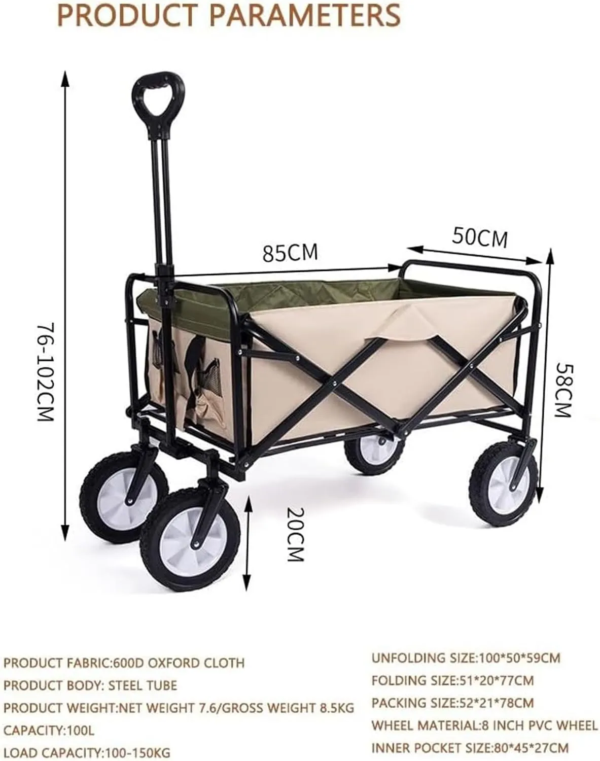 Folding Wheeled Trolley, Garden Hand Trolley with Adjustable Handle, Multifunctional Trolleys, Outdoor Pull Trolley for Camping, Beach, Festival, Shopping Trolley (E)