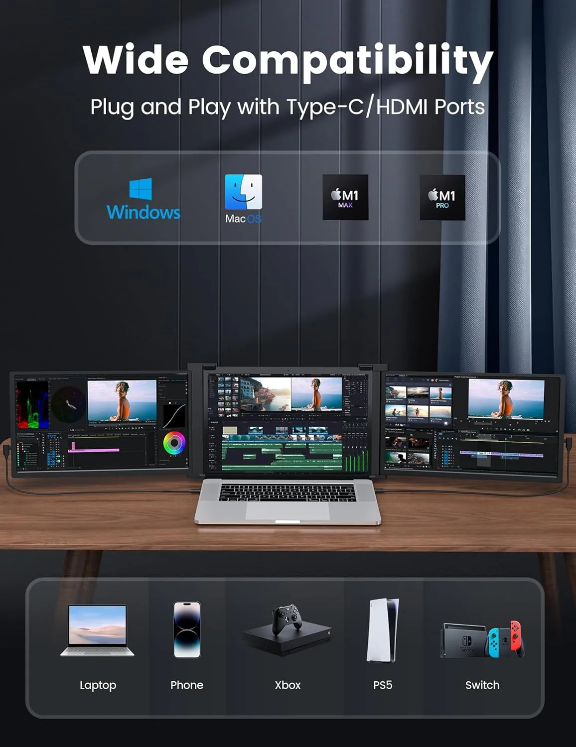 FOPO 15.6" Triple Monitor for Laptop, FHD 1080P IPS Screen Extender Portable Laptop for 15.6-17.3” Laptops, PnP Travel Laptop Screen Extender with USB-C&HDMI, Dual Monitor for Windows, Mac, Black