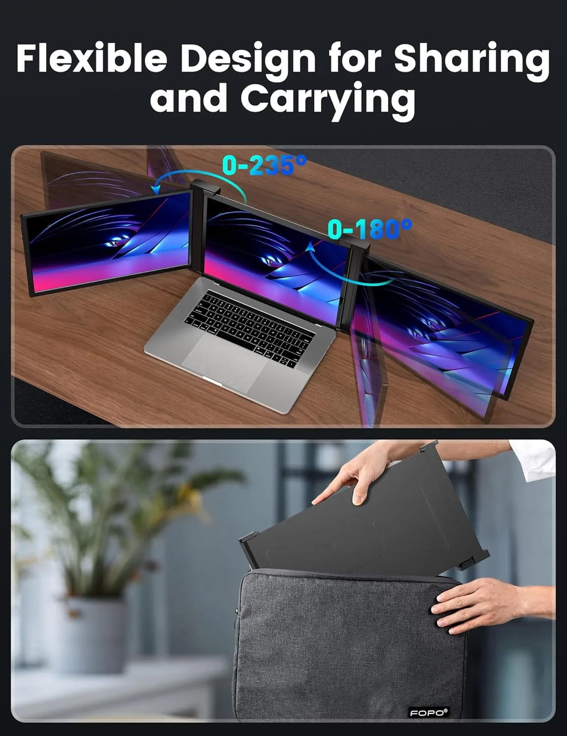 FOPO 15.6" Triple Monitor for Laptop, FHD 1080P IPS Screen Extender Portable Laptop for 15.6-17.3” Laptops, PnP Travel Laptop Screen Extender with USB-C&HDMI, Dual Monitor for Windows, Mac, Black
