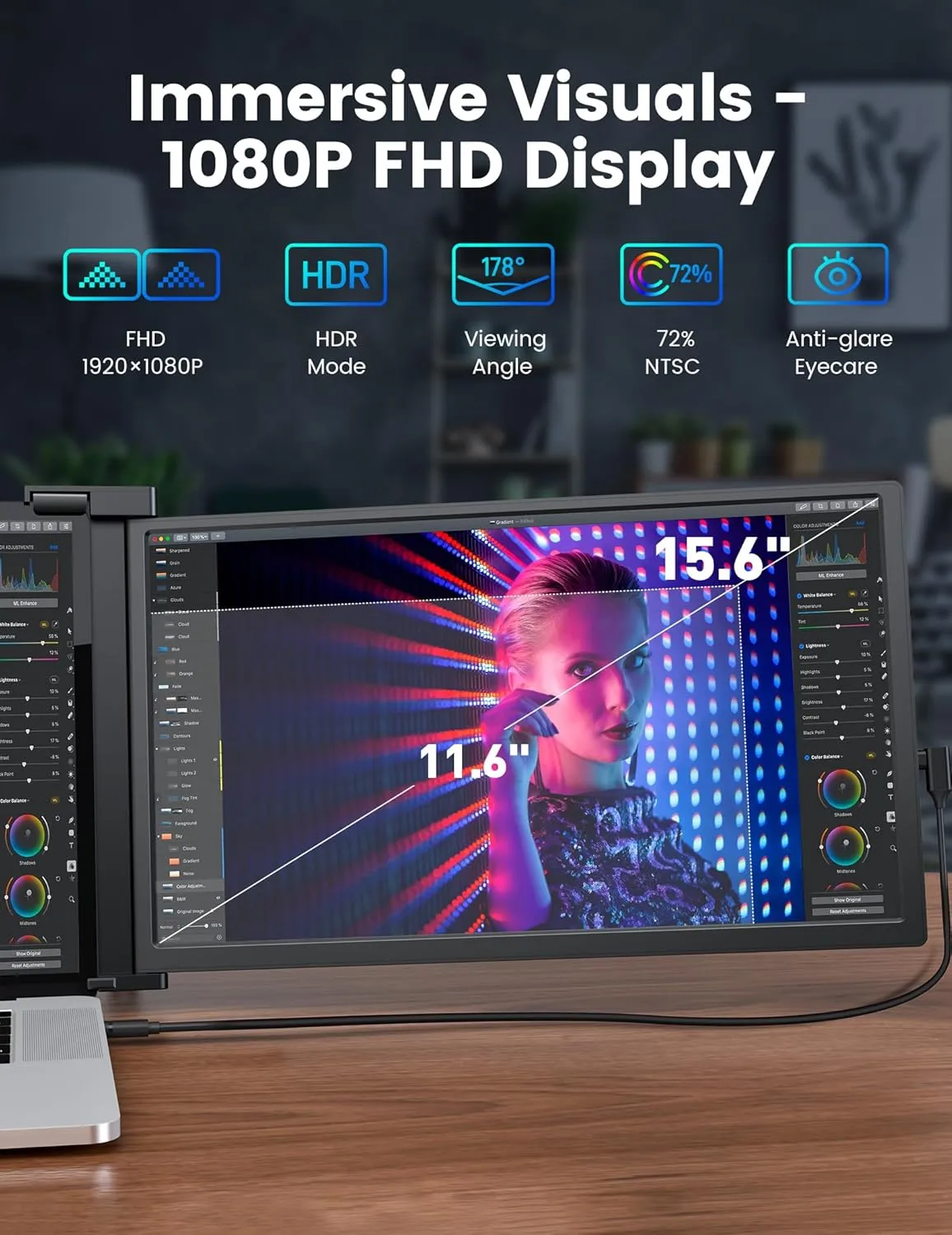 FOPO 15.6" Triple Monitor for Laptop, FHD 1080P IPS Screen Extender Portable Laptop for 15.6-17.3” Laptops, PnP Travel Laptop Screen Extender with USB-C&HDMI, Dual Monitor for Windows, Mac, Black