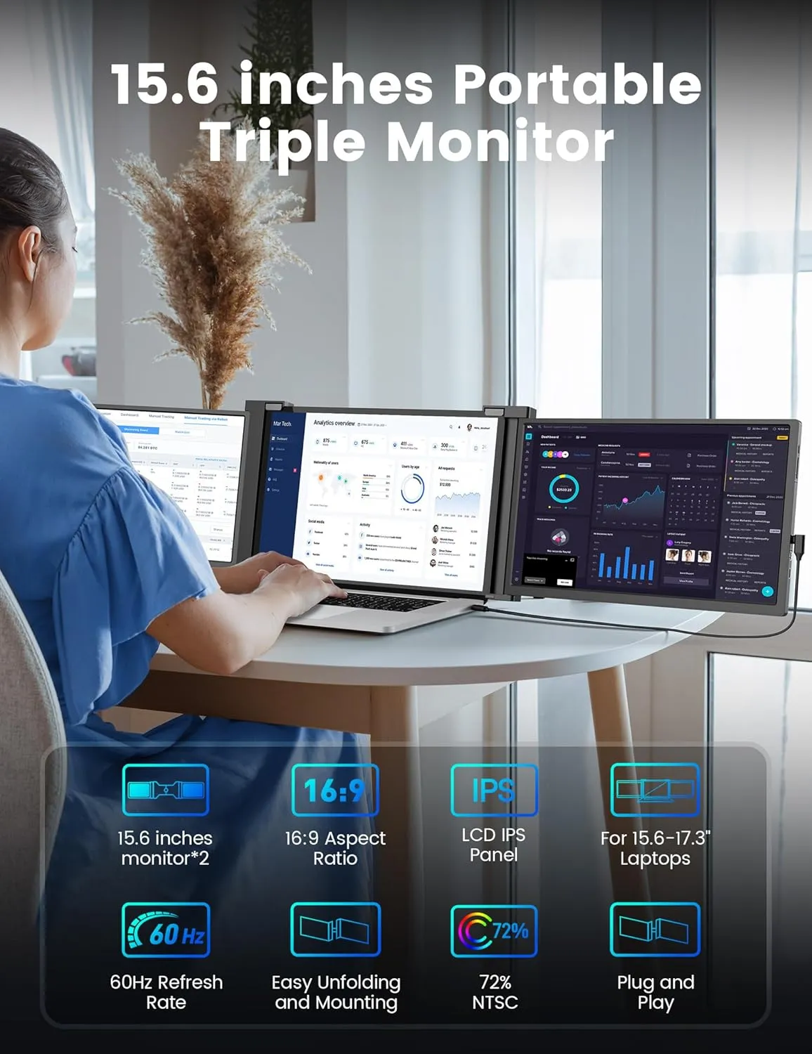 FOPO 15.6" Triple Monitor for Laptop, FHD 1080P IPS Screen Extender Portable Laptop for 15.6-17.3” Laptops, PnP Travel Laptop Screen Extender with USB-C&HDMI, Dual Monitor for Windows, Mac, Black