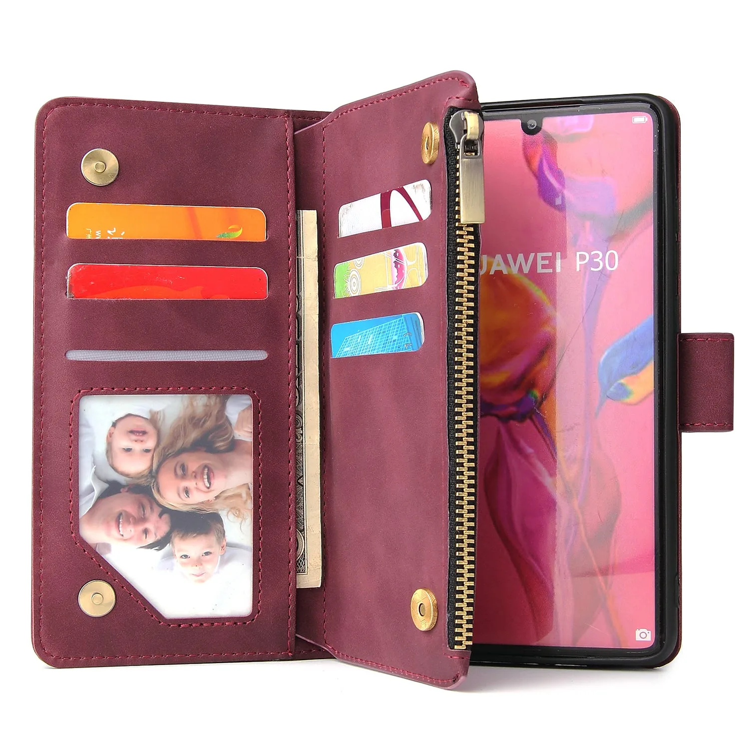 For HUAWEI P30 HUAWEI P30 lite HUAWEI P30 pro Multi-card Bracket Coin Wallet Zipper Mobile Phone PU Leather Phone Case  5 wine red