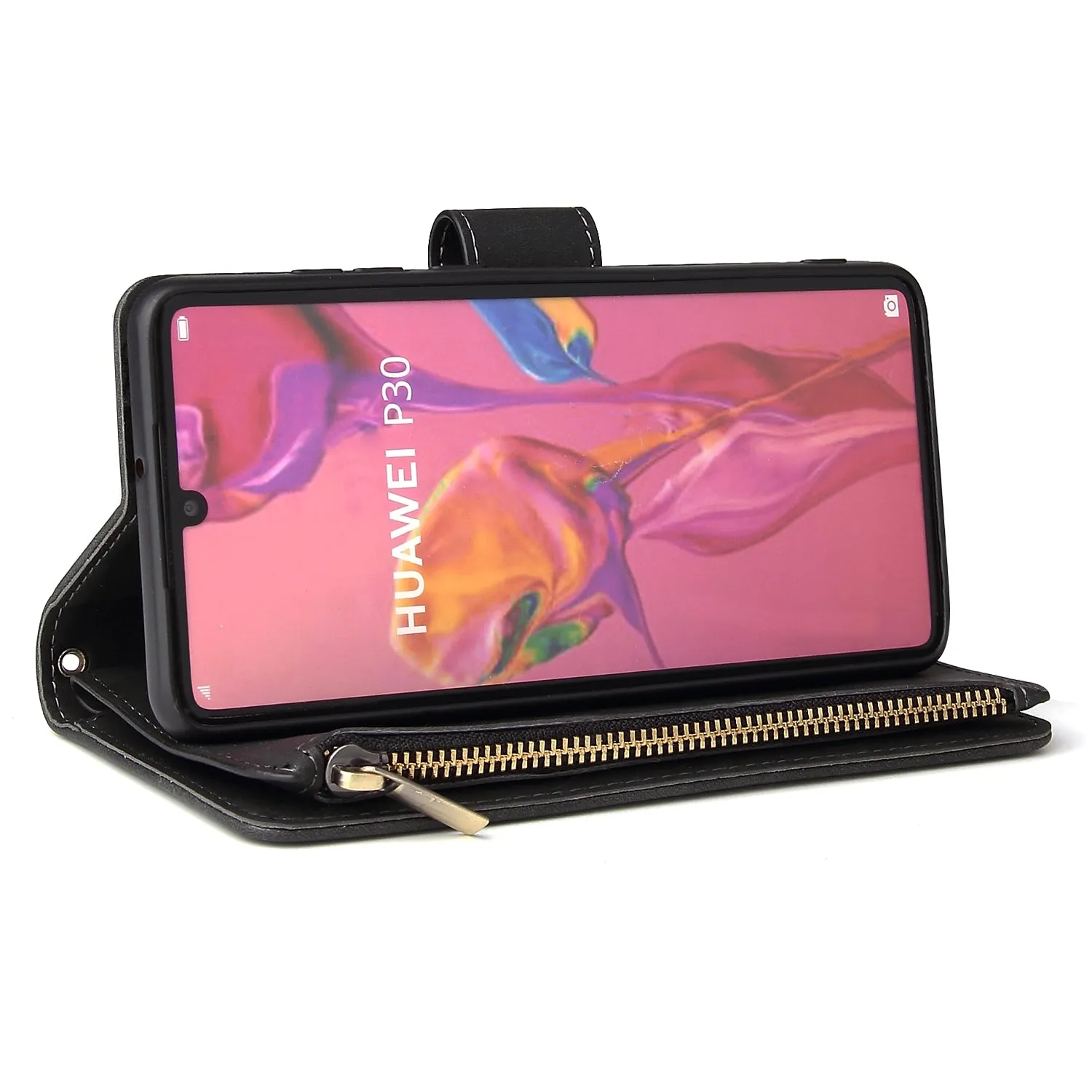 For HUAWEI P30 HUAWEI P30 lite HUAWEI P30 pro Multi-card Bracket Coin Wallet Zipper Mobile Phone PU Leather Phone Case  5 wine red