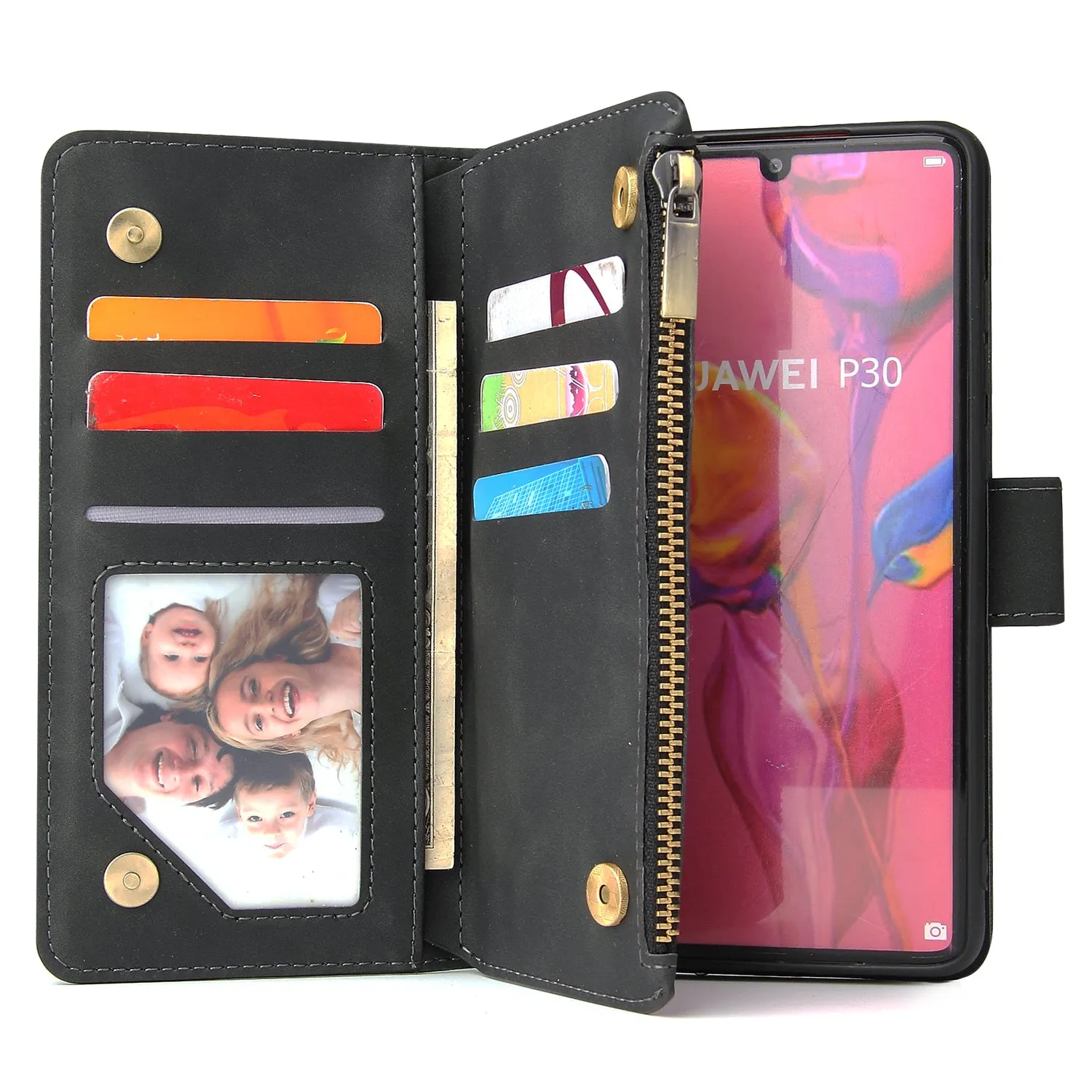 For HUAWEI P30 HUAWEI P30 lite HUAWEI P30 pro Multi-card Bracket Coin Wallet Zipper Mobile Phone PU Leather Phone Case  5 wine red