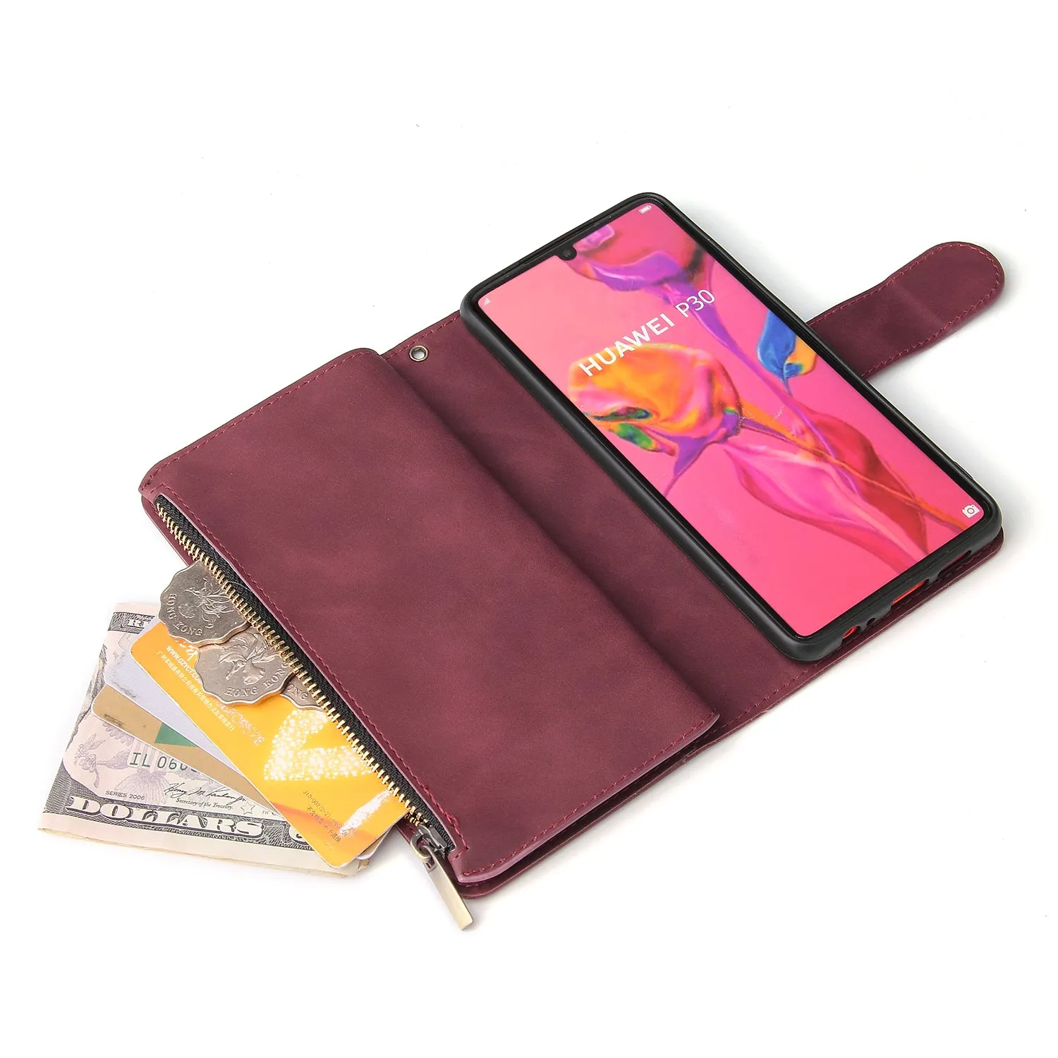 For HUAWEI P30 HUAWEI P30 lite HUAWEI P30 pro Multi-card Bracket Coin Wallet Zipper Mobile Phone PU Leather Phone Case  5 wine red