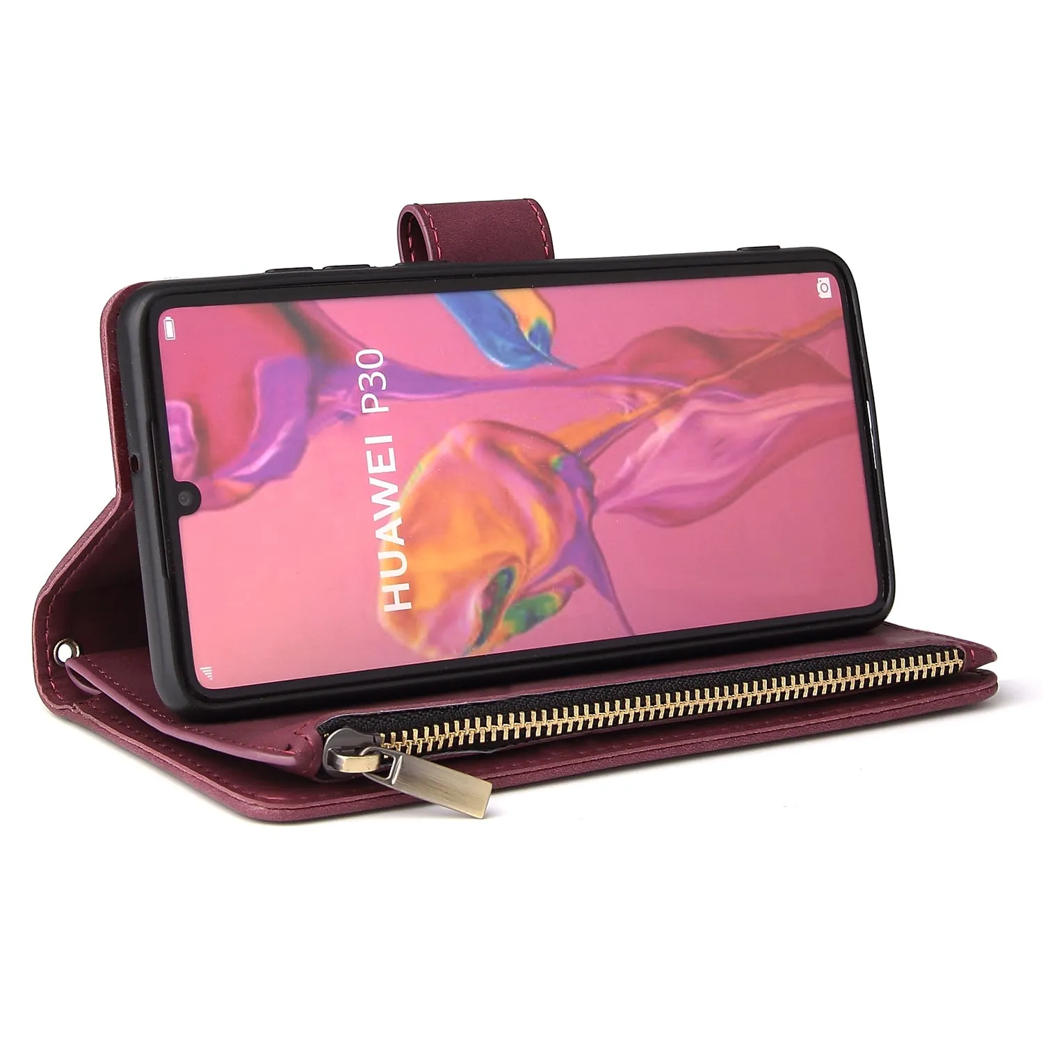 For HUAWEI P30 HUAWEI P30 lite HUAWEI P30 pro Multi-card Bracket Coin Wallet Zipper Mobile Phone PU Leather Phone Case  5 wine red