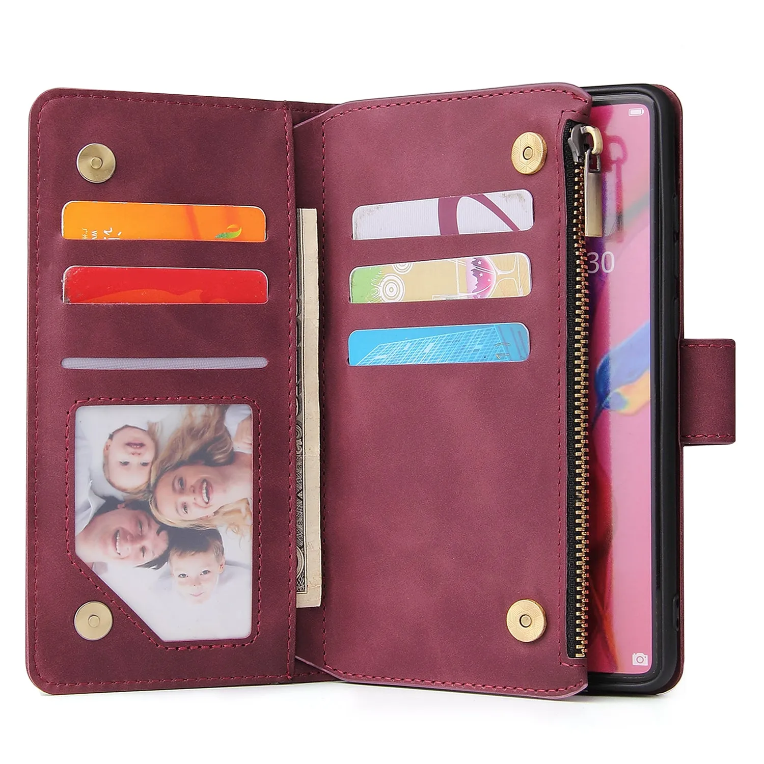 For HUAWEI P30 HUAWEI P30 lite HUAWEI P30 pro Multi-card Bracket Coin Wallet Zipper Mobile Phone PU Leather Phone Case  5 wine red