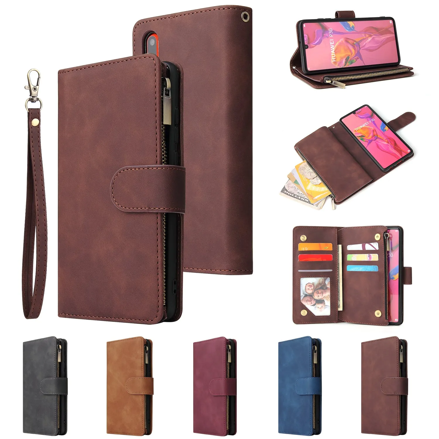 For HUAWEI P30 HUAWEI P30 lite HUAWEI P30 pro Multi-card Bracket Coin Wallet Zipper Mobile Phone PU Leather Phone Case  5 wine red